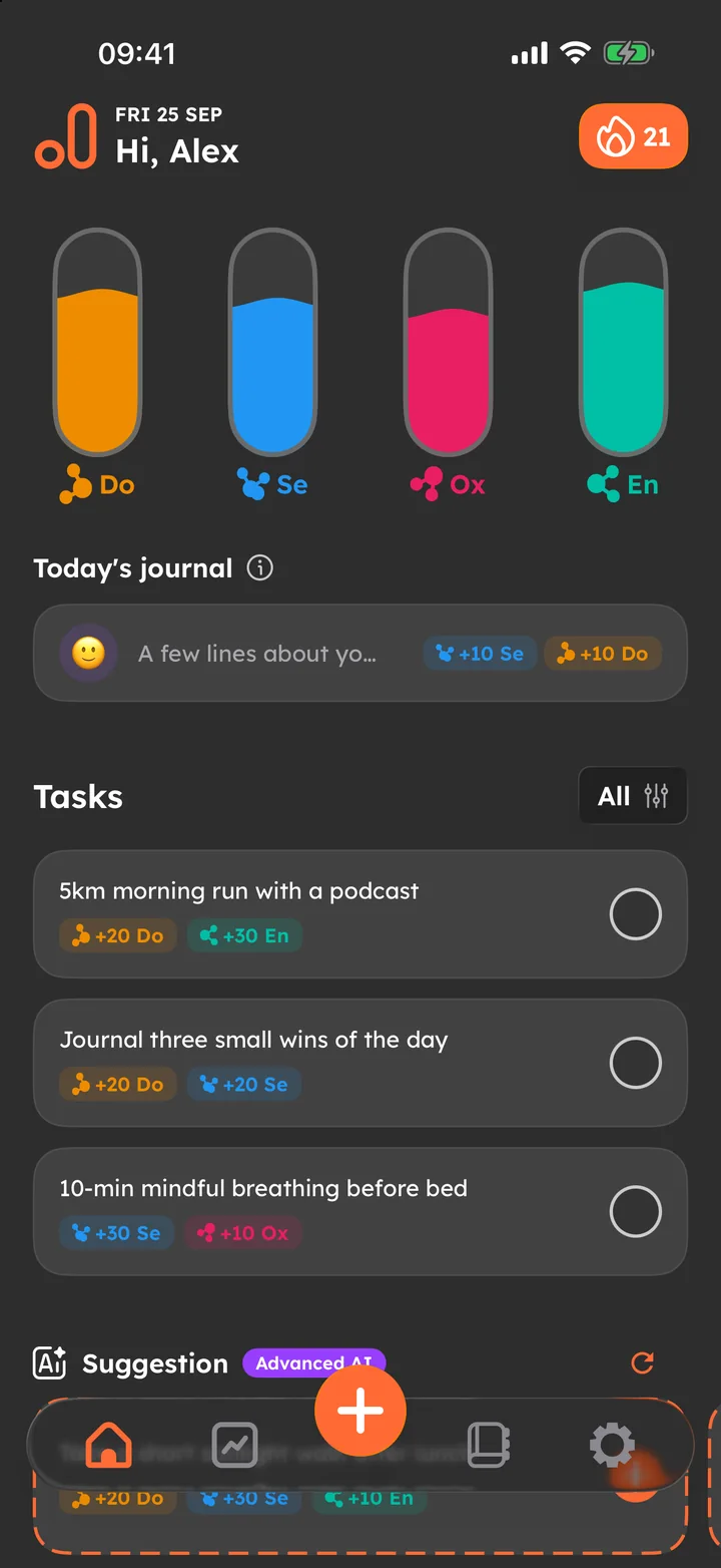 Home screen in dark mode